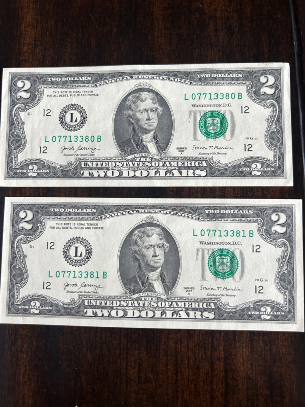 Sequential Pair 2017A $2 Bills - Consecutive Notes